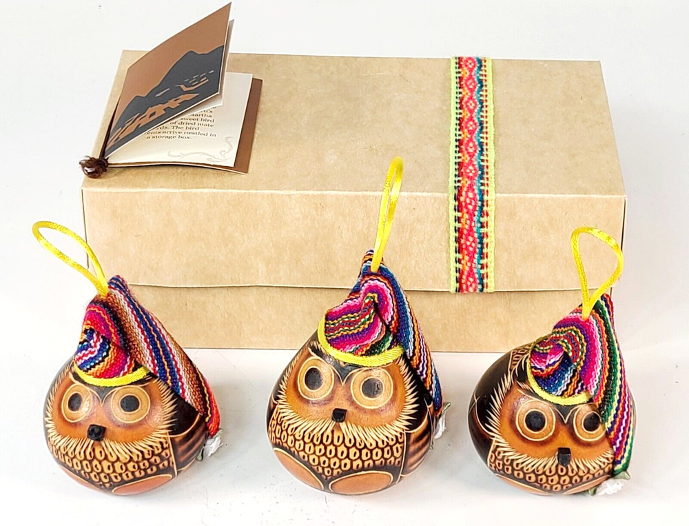 Set of 3 Margarita & Martha Dried Mate Gourd Owls w/Hats Handcrafted Ornaments